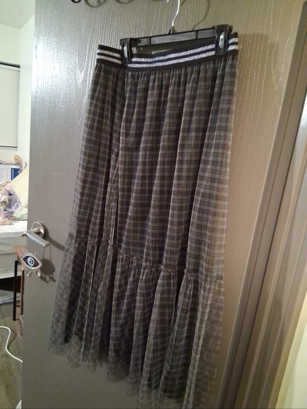 Marina Rinali Sport Gray Plaid Tiered Maxi Skirt with Striped Waistband. Size 12